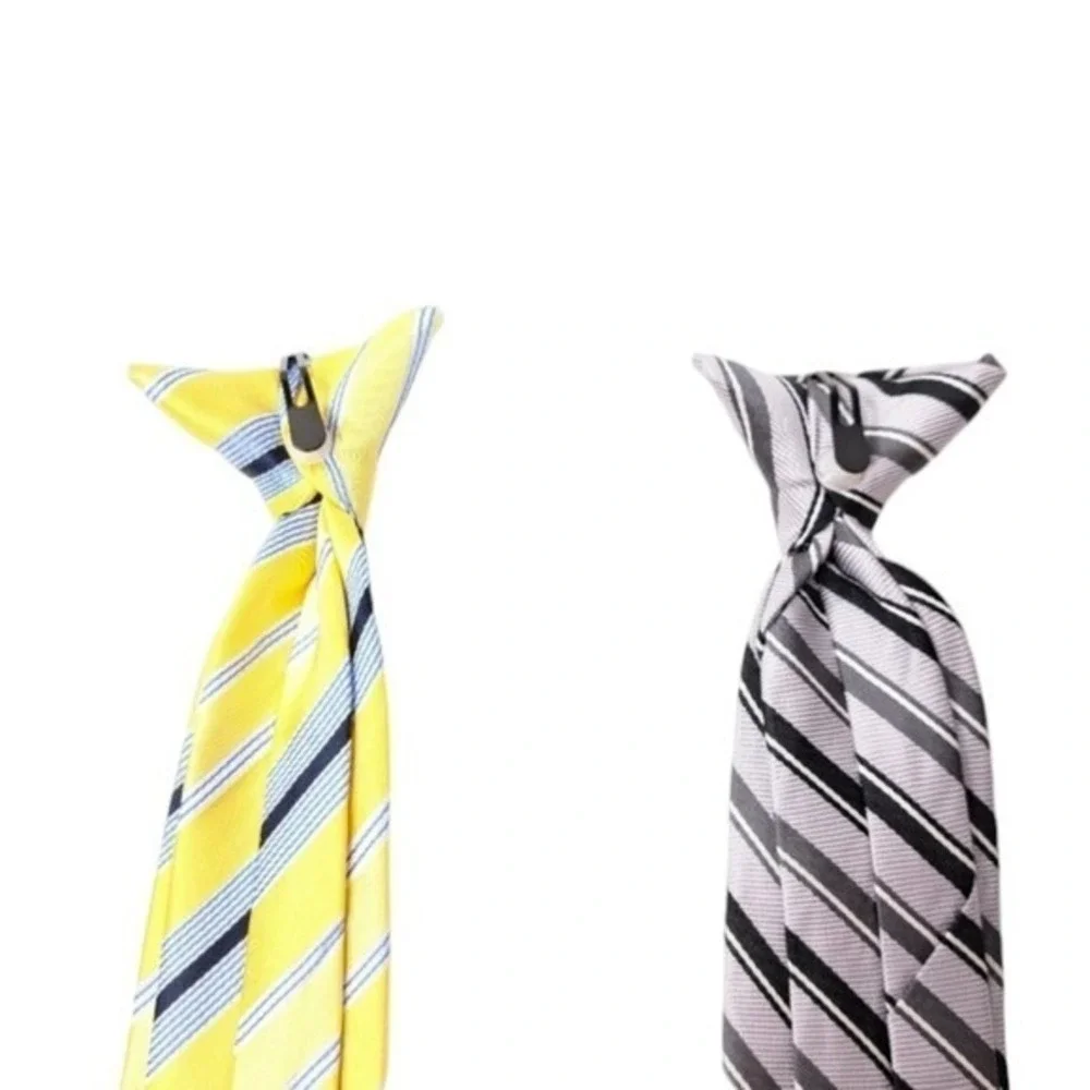 LOT OF 2 Boys Clip Tie Yellow Blue White and Silver Black Gray Stripes